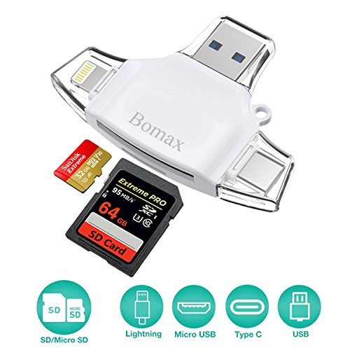 Card Reader,BOMAX SD Micro Card Reader Portable SD Card Reader Tf Card Reader & USB C Micro SD Card Adapter for Computer iPhone iPad GALAXY S8 Android Apple Mac,With Lightning Micro USB 3.0 Connector