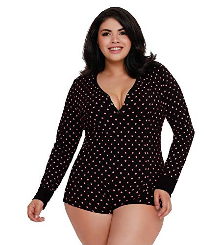 Dreamgirl Womens Plus Size Heart Print Henley Style Short Romper Pajama BlackFuchsia 1X
