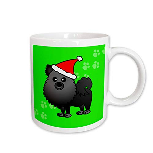 3dRose Cute Black Pomeranian Green with Santa Hat Ceramic Mug 15Ounce
