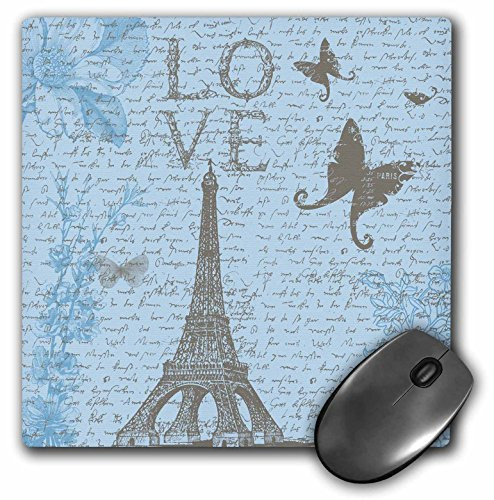 3dRose LLC 8 x 8 x 025 Inches Love Eiffel Tower Blue Script and Butterflies Mouse Pad mp1521391