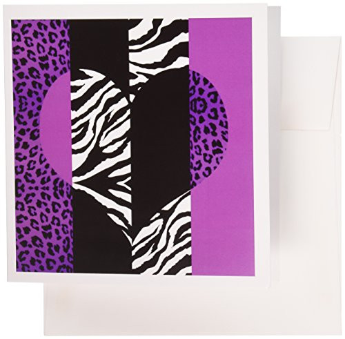 3dRose Purple Black and White Animal Print  Leopard and Zebra Heart  Greeting Cards 6 x 6 inches set of 6 gc354351