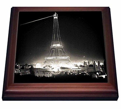 3dRose Eiffel Tower Illuminated Paris Exposition 1900 Black and White Trivet with Ceramic Tile 8 by 8 Brown