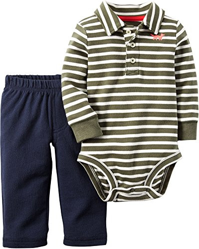 Carters Baby Boys 2Piece Striped Polo Bodysuit  Pants Set 3 Months Olive