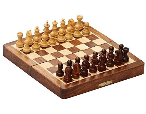 SouvNear Chess Set - 7 x 7 Inch Magnetic Travel Chess Set for Sale - Classic Pocket Travel Chess Set - Staunton Pieces and Folding Game Board with Chessmen Storage Handmade in Premium Wood