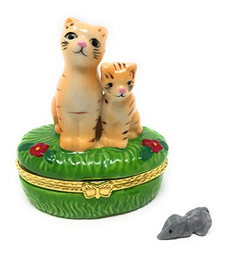 Orange Kitty Cat and Kitten Porcelain Hinged Trinket Box PHB