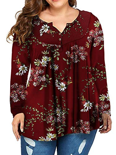 Womens Plus Size Henley Shirt Floral Print Tee Shirts Buttons Up Casual Loose Tunic Tops G 2XL 20W
