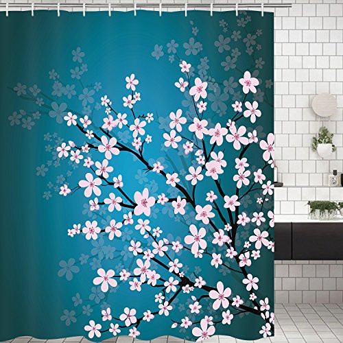 Bathroom Shower Curtain Teal Pink Flowers Blossom Shower Curtains with 12 Hooks Durable Fabric Bathroom Curtain Waterproof Mildew Resistant Bath Curtain Sets