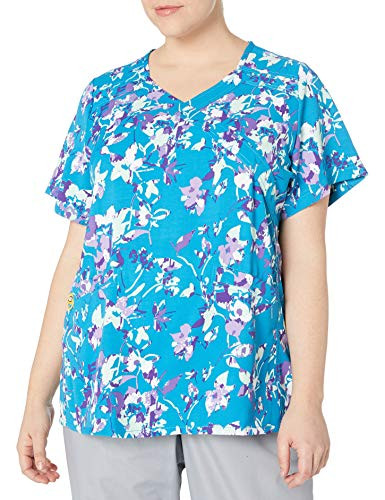 WonderWink Womens Plus Mock Wrap Print Top Pinpoint Posey XLarge