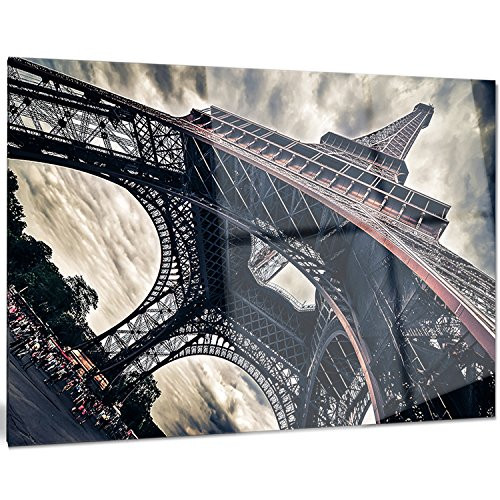 Designart MT10136-28-12 Paris Eiffel Tower in Grungy Dramatic Style Cityscape Metal Wall Art, 28 x 12, Blue/White