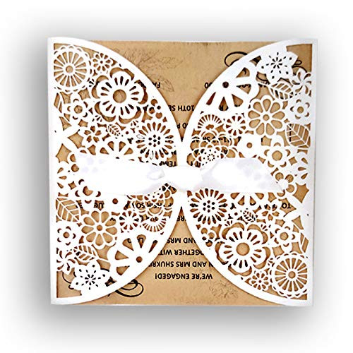 Fashmade 50 Pcs White Laser Cut Wedding Invitations with Envelopes Bridal Shower Birthday Card Blank Print Personalized Wedding Cards DIY Engagement Card