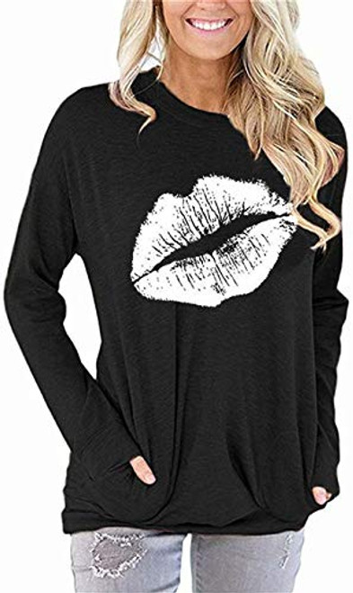 Akihoo Women Lips Print Casual Loose Crew Neck Long Sleeve Blouse Tunics Top TShirts with Pockets XL