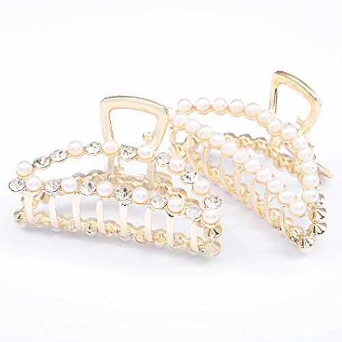 JONKY Hair Claws White Pearl and Crystal Hair Claw Clips Non Slip Alloy Clip Medium Styling Tools Hair Clamps Hair Accessories for Women and Girls 2 PCS