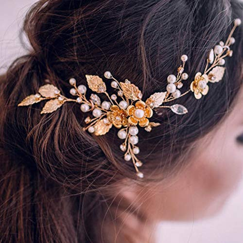 Catery Flower Bride Wedding Headband Crystal Leaf Pearl Hair Vine Braid Headpiece Vintage Bridal Hair Accessories for Women