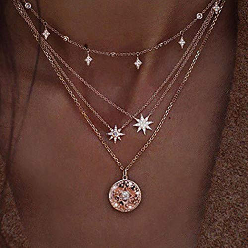 Jeairts Boho Circle Pearl Pendant Necklace Gold Layered Necklaces Crystal Star Chain Jewelry for Women and Girls