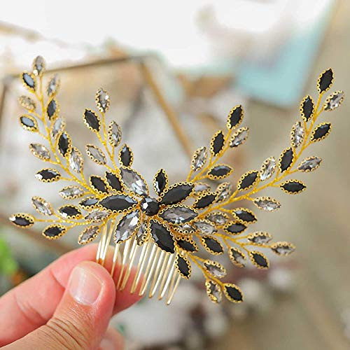 Jeairts Black Crystal Bride Wedding Hair Comb Gold Gemstone Headpiece Side Combs Hair Dress Bride Flower Headwear Hair Piece Bridal Hair Accessories for Women and Girls