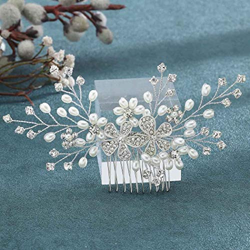 Jeairts Flower Crystal Bridal Hair Comb Silver Pearl Wedding Hair Side Combs Rhinestone Headpiece Hair Dress Decorative Bride Hair Accessories for Women and Girls