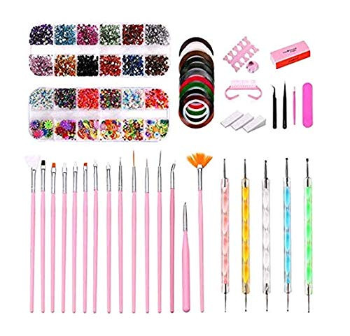 43Pcs Nail Art Kit Professional 3D Nail Art Supplies With Glitter Nail RhinestonesNail Art BrushesNail Dotting PenNail Striping TapesNail PolishingDiy Tools Set For Girls Nail Decoration Manicure