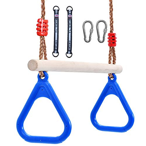 Flyzy Trapeze Swing bar with Rings Trapeze bar for Tree with Locking CarabinersTree Swing Hanging Straps for Indoor Jungle Gym Play Set and Outdoor Playground for Swingset Ninja line BackyardBlue