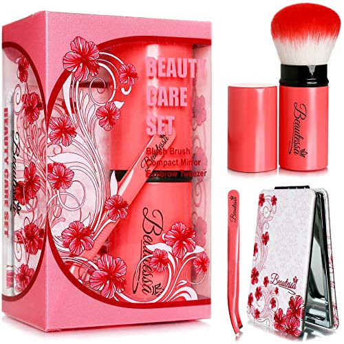 3pcs Makeup Brush Set  Retractable Blush Brush Compact Mirror and Eyebrow Tweezer  Beauty Set  Travel Makeup Brush  Compact Blush Brush  Makeup Mirror  Travel Mirror  Precision Eyebrow Tweezer