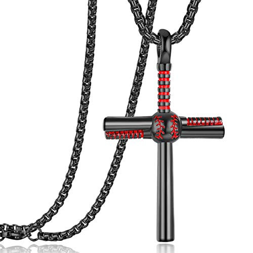 Mens Stainless Steel Baseball Bat Nail Cross Pendant Necklace 24 Inch Adjustable Chain for Boy Women Men Blcak