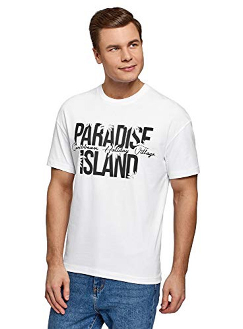 oodji Ultra Mens Printed Cotton TShirt White US 4244  EU 5254  L