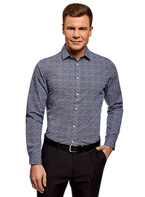 oodji Ultra Mens SlimFit Fine Pattern Shirt Blue 155in  US 155  EU 40  S