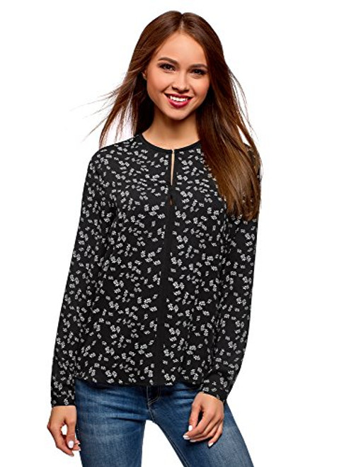 oodji Ultra Womens Blouse in Flowing Fabric with Contrast Details Black 8