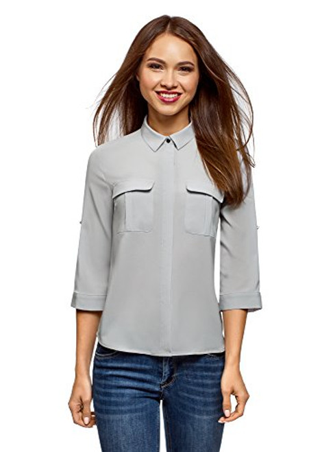 oodji Ultra Womens Blouse in Flowing Fabric with Chest Pockets Grey 10