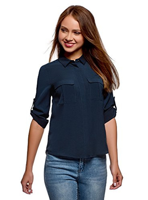 oodji Ultra Womens Blouse in Flowing Fabric with Chest Pockets Blue 10