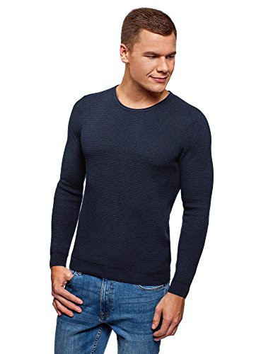 oodji Ultra Mens Textured Crew Neck Pullover Blue US 4244  EU 5254  L