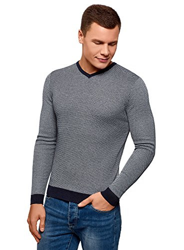 oodji Ultra Mens Textured Pullover with Contrast Details Blue US 4244  EU 5254  L