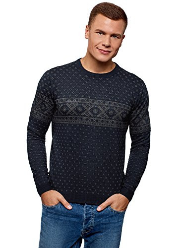 oodji Ultra Mens StraightFit Pullover with Graphic Pattern Blue US 4244  EU 5254  L