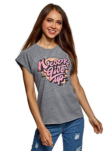 oodji Ultra Womens Raw Hem Cotton TShirt with Letter Print Grey US 6  EU 40  M