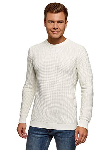 oodji Ultra Mens Crew Neck Textured Knit Pullover White US 4244  EU 5254  L