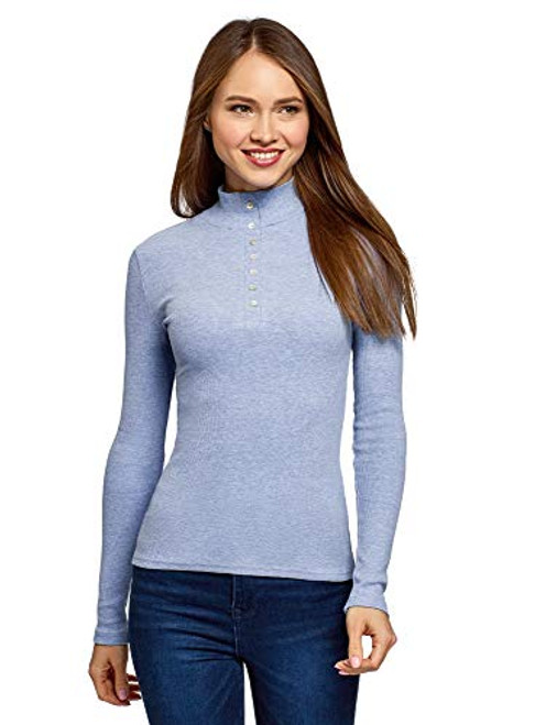 oodji Ultra Womens Cotton Turtleneck Pullover with Neck Buttons Blue Medium