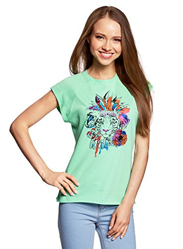 oodji Ultra Womens Raw Hem Printed Cotton TShirt Green US 4  EU 38  S