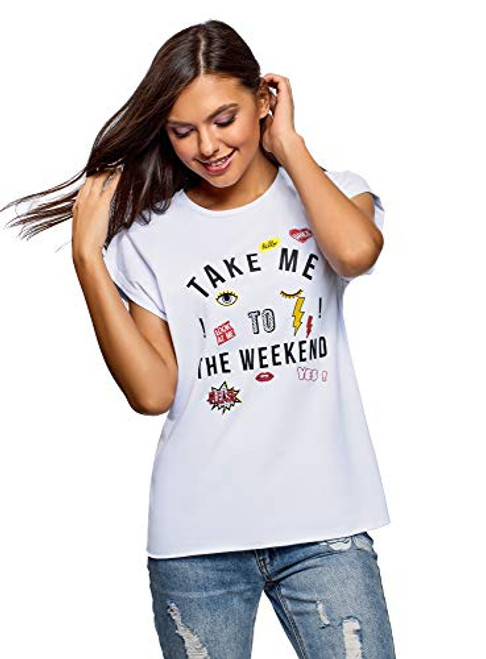 oodji Ultra Womens Printed RelaxedFit TShirt with Raw Hem White Medium