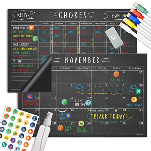 Magnetic Chalkboard Reward Chore Chart  Black Dry Erase Refrigerator Responsibility Incentive Chart  Multiple Kid Chart System wBonus Reusable Monthly Calendar  11 x 17  Version 2