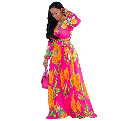 Nuofengkudu Womens Chiffon VNeck Printed Floral Maxi Dress Long Sleeves Dresses High Waisted Belt Plus Size Rose XXL Nuofengkudu Womens Chiffon VNeck Printed Floral Maxi Dress Long Sleeves Dresses High Waisted Belt Plus Size Rose XXL