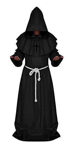 Medieval Monk Robe Cosplay Halloween Hooded Cape Costume Cloak Black XLarge