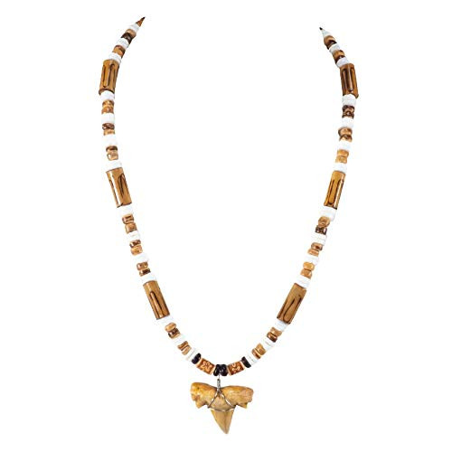 BlueRica Shark Tooth Pendant on Puka Shell Beads and Tiger Coconut Beads Necklace with Wood Tubes 2S BlueRica Shark Tooth Pendant on Puka Shell Beads and Tiger Coconut Beads Necklace with Wood Tubes 2S
