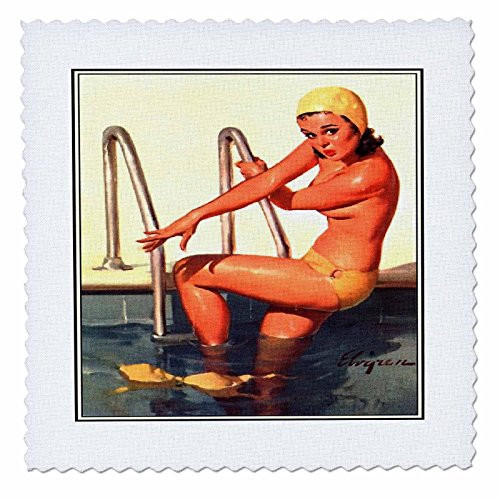 3dRose qs_204157_4 Print of Elvgren Pinup Swim Suit Malfunction Quilt Square, 12 by 12"