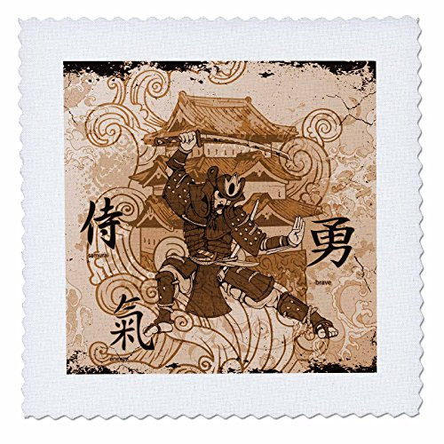 3dRose qs_152970_4 A Brown Tinged Samurai Warrior Against An Oriental Building with Oriental Writing Quilt Square, 12 by 12"