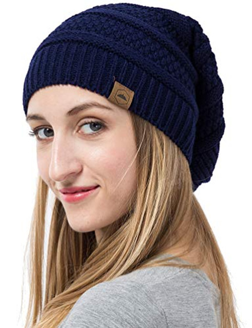 Slouchy Cable Knit Beanie for Men  Women  Winter Toboggan Hats for Cold Weather  Oversized Slouch Beanie Cap Navy Blue