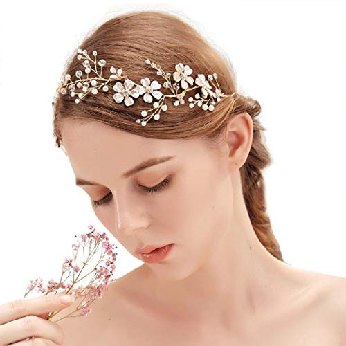 Campsis Flower Bridal Wedding Hair Vines Crystal Bride Headpiece Peral Hair Accessories for Women and Girls Gold