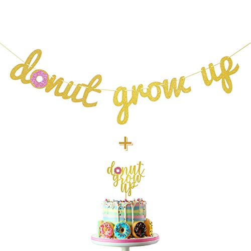 Donut Grow Up Gold Glitter Banner and Donut Grow Up Cake Topper for Donut Themed Happy Birthday Party Supplies Decorations