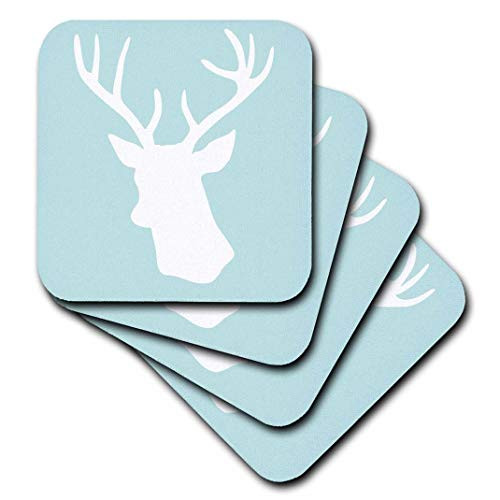 3dRose CST_155672_2 White Deer Head Silhouette on Mint Blue Stag Antlers Stylish Modern Pastel Turquoise Teal Aqua Soft Coasters, Set of 8