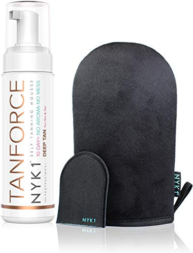 NYK1 Tan Force Sunless Self Tanning Mousse with MegaMitt Tanning Mitt  Salon Quality Streak Free Self Bake Tan Foam Tanning Oil Self Tanner  Natural Look Dry Golden Bronzer Cream  250ml