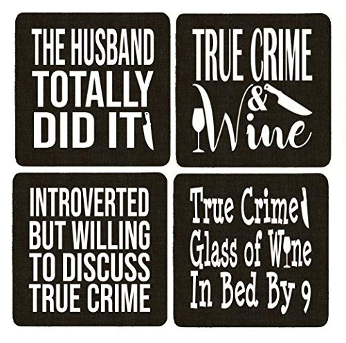 True Crime Fan Coasters set of 4 Funny True Crime Show Documentary Serial Killer Addict Junkie Gift 4x4 Inch Present for Women Men Murder Obsessed Fans Mothers Day Christmas Housewarming