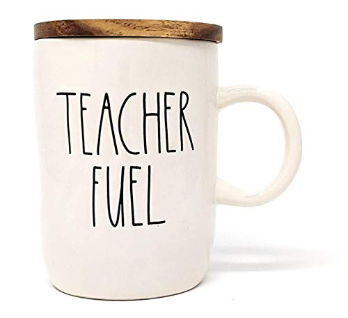 Rae Dunn by Magenta TEACHER FUEL Coffee Mug Ceramic Wood Coaster beige black LL
